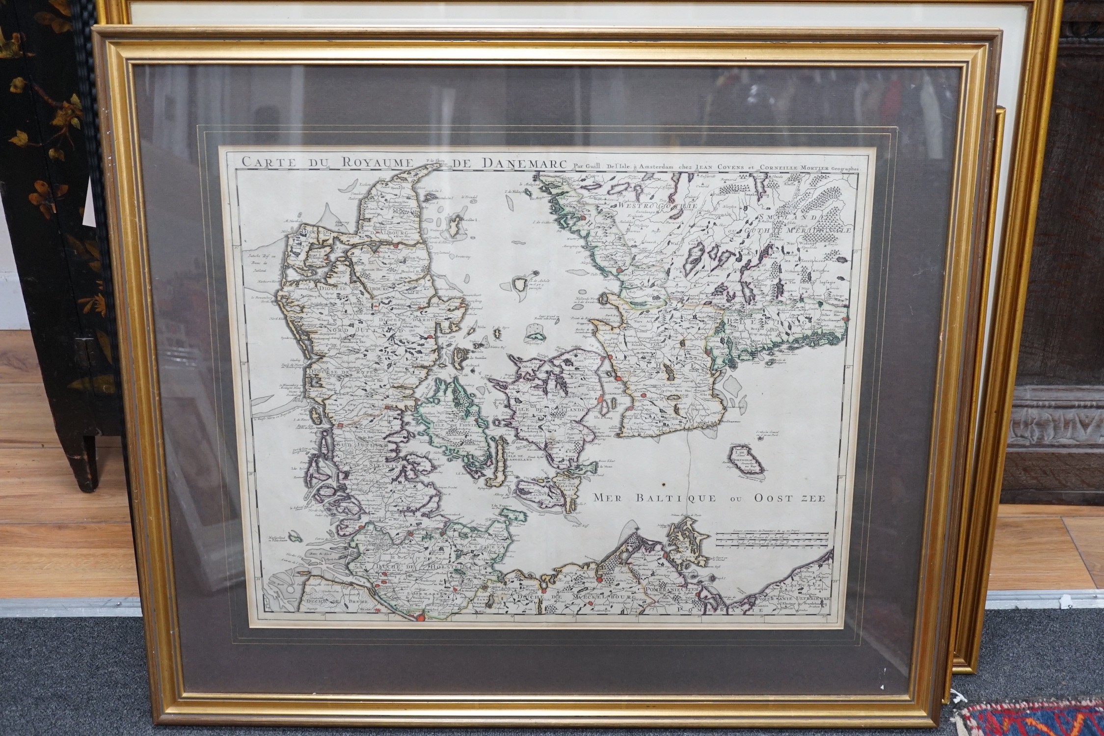 Guillaume de L'Isle, coloured engraving, 'Carte du Royaume de Danemarc' framed map, 1730 by Jean Covens et Corneille Mortier, 49 x 61cm